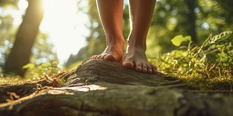 Foto op Plexiglas Bare Feet Gracefully Resting on a Tree Trunk, Bridging the Gap Between Human Life and the Earth, Grounded in an Eco-Friendly Connection © Ben