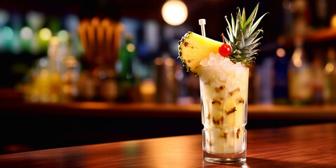 Pina colada cocktail with pineapple slice and cocktail cherry on bar counter.Macro.AI Generative - obrazy, fototapety, plakaty