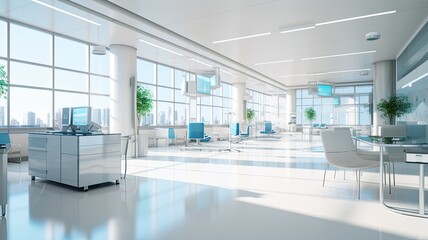 a contemporary hospital, highlighting the minimalist design, clean lines, and soothing colors that contribute to a calm and healing environment. - obrazy, fototapety, plakaty