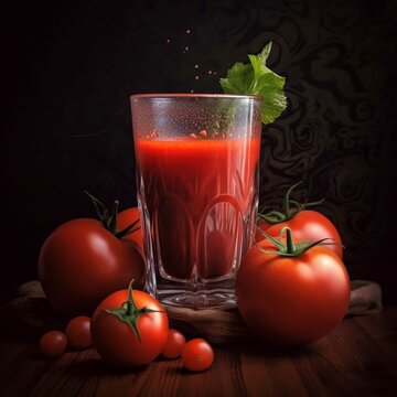 Tomato juice in a glass and fresh tomatoes on a black background
