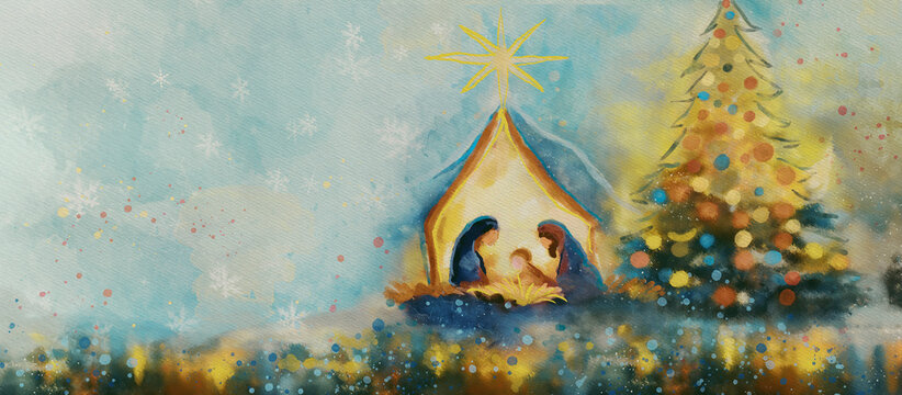 Nativity scene. Merry Christmas watercolor card