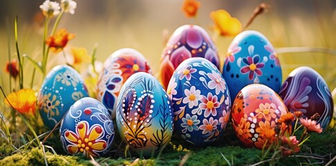 Fototapeta na wymiar Vibrant Easter Eggs on Grassy Surface with Floral Patterns