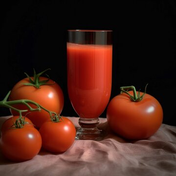 Tomato juice in a glass and fresh tomatoes on a black background