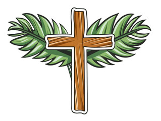 Doodle Cross with palm fronds, cartoon sticker, sketch, vector, Illustration, minimalistic