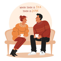 A man and a woman in love are sitting on a couch and holding a cup of drink. Vector isolated color illustration in cartoon style with lettering.