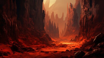 A dramatic canyon with rock formations shifting from rust red to burnt orange. - obrazy, fototapety, plakaty