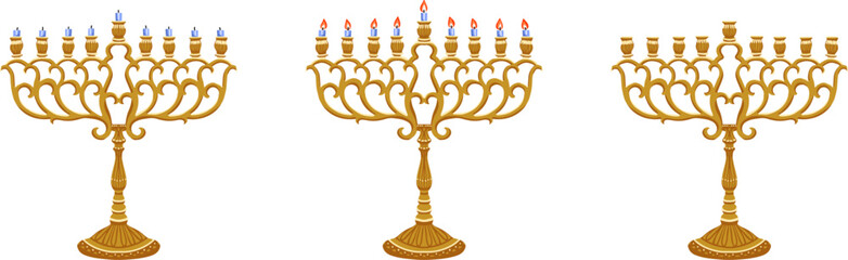 Golden Hanukkah menorah with burning candles illustration on white background vector, flat pattern
golden menorah with five lit candles, hebrew, israel, Hanukkah