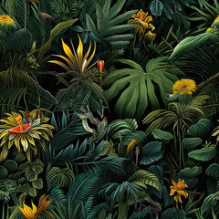 Obraz premium Exotic jungle seamless pattern in color, dark background with various tropical plants, realistic detail, dark green and yellow.