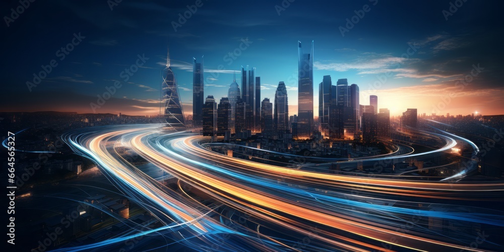 Poster the digital tapestry: glowing blue lines surround a modern skyscraper in new york, symbolizing the c
