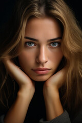 Fototapeta premium Woman with blue eyes and long hair is posing for picture.