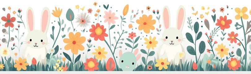 Three White Rabbits in a Colorful Easter Field