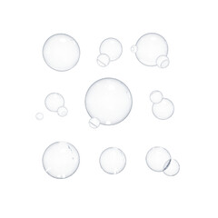 Set of bubbles. 3D Soap bubble floating on transparent background. Soap transparent balloon. 3D Rendering. Render of transparent glass circle liquid object, soap water bubble with reflection. PNG - obrazy, fototapety, plakaty