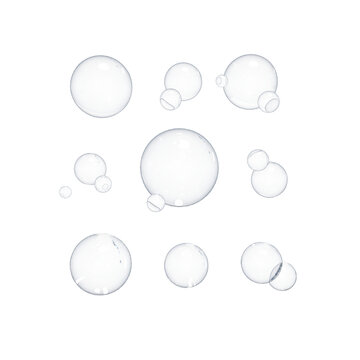 Set of bubbles. 3D Soap bubble floating on transparent background. Soap transparent balloon. 3D Rendering. Render of transparent glass circle liquid object, soap water bubble with reflection. PNG