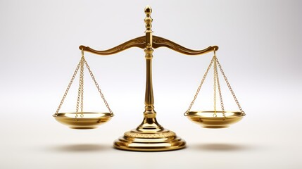 Balancing Justice - Highlight the importance of balanced judgment with a 3D illustration of gold scales, isolated on white, symbolizing legal accuracy and equality in society.