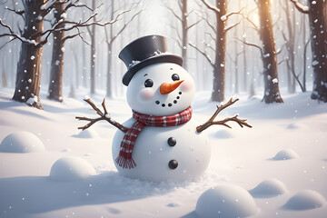 Cute snowman happy with snow in snowy forest.