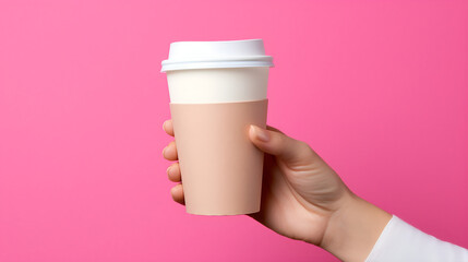 Hand holding a white disposable takeaway paper coffee cup on a pink Background.