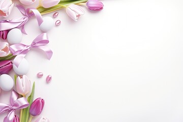 Fototapeta na wymiar Easter Eggs and Pink Tulips on White Table