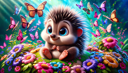 Fototapeta premium Enchanted Glade: Hedgehog Amidst the Fluttering Butterflies