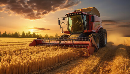 Gathering Wheat Stalks at Luxembourg Countryside A Tractor in the Summer Sunset Harvest - obrazy, fototapety, plakaty