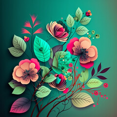 Original floral design with exotic flowers and tropic leaves. Colorful flowers on green and teal background.