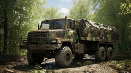 Fototapeta premium a military vehicle in full camouflage coloration, blending seamlessly into its natural surroundings, exemplifying the essence of tactical concealment.