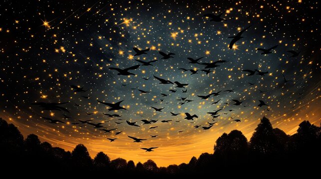  a flock of birds flying over a forest under a night sky.  generative ai