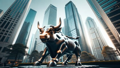 Photo capturing a commanding bull statue in the central area of a bustling financial district. Modern skyscrapers rise in the backdrop - obrazy, fototapety, plakaty