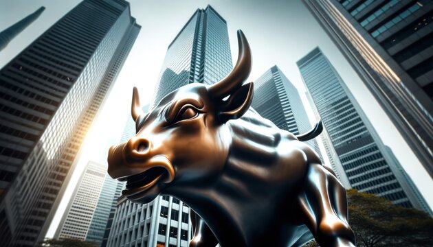 Close-up photo of a powerful bullish statue positioned prominently in the heart of a financial district. Towering skyscrapers surround the statue
