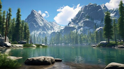 a painting of a mountain lake surrounded by trees and rocks.  generative ai