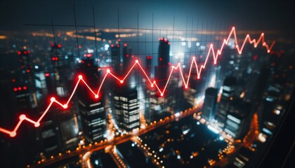Photo of a graph, meticulously drawn using a red marker on a glass partition, depicting a market decline. The city's faint lights in the background