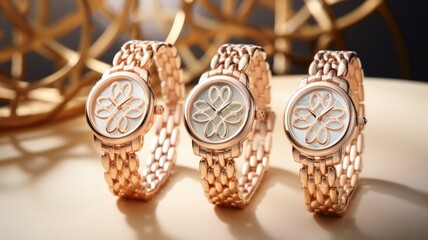 a collection of four women's watches, highlighting their diamond lattice design, elegant appearance, and meticulous detailing against a white backdrop.
