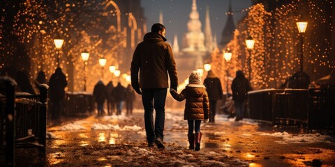 A happy father and his child walk at night along an alley decorated with festive garlands. back...