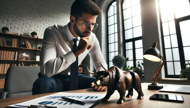 Photo of a Hispanic entrepreneur in a state-of-the-art office, intensely brainstorming with the market's symbolic bull and bear statues on his desk.