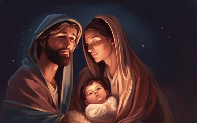 Christmas story. Christmas night, Mary, Joseph and the baby Jesus, Son of God , symbol of Christianity , generative ai