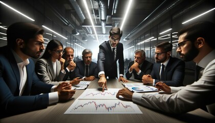 Photo of a group of Hispanic analysts in an intense meeting setup. - obrazy, fototapety, plakaty