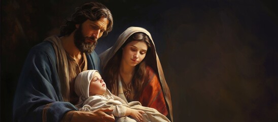Obraz premium Christmas story. Christmas night, Mary, Joseph and the baby Jesus, Son of God , symbol of Christianity , generative ai