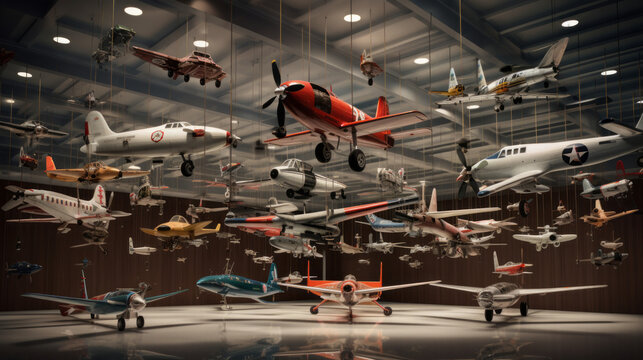 A Collection Of Model Airplanes, Suspended From The Ceiling