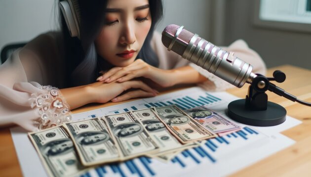 Close-up photo of an Asian financial blogger, deep in concentration as she records her podcast.