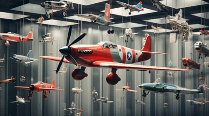 A collection of model airplanes, suspended from the ceiling - obrazy, fototapety, plakaty
