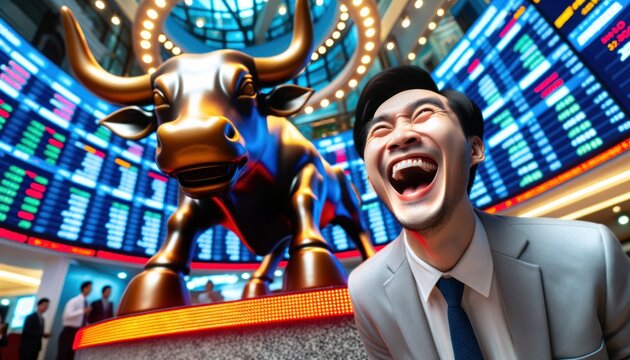 Close-up photo of an Asian trader, overwhelmed with happiness in a dynamic stock exchange setting. A bull statue, representative of a bullish market