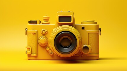 Fototapeta premium Retro Camera Nostalgia - Step back in time with this 3D illustration of a yellow vintage photo camera on a yellow background. Capture the essence of classic photography.