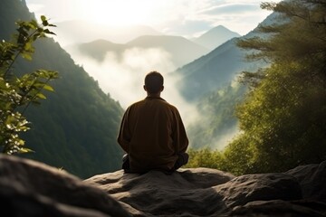 Fototapeta premium Man meditating in the midst of a majestic natural landscape