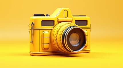 Retro Camera Nostalgia - Step back in time with this 3D illustration of a yellow vintage photo camera on a yellow background. Capture the essence of classic photography.