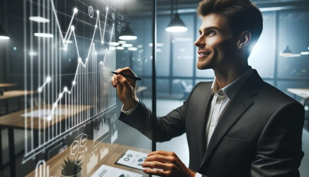 Close-up photo of a hopeful Caucasian entrepreneur, situated in a sleek modern workspace, intently examining a graph that showcases business growth