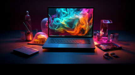 A compact computer desk holds a laptop, its keyboard lit up with a rainbow of colors 
