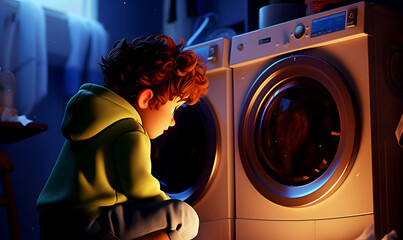 3D illustration of teenage boy squatting in bathroom in evening waiting for his clothes to be washed in laundry machine - obrazy, fototapety, plakaty