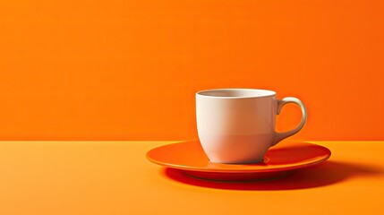  a white cup and saucer on an orange plate on a yellow table.  generative ai