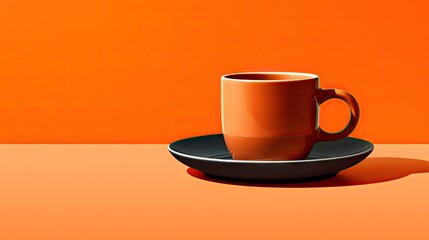  a coffee cup sitting on a saucer on an orange background.  generative ai