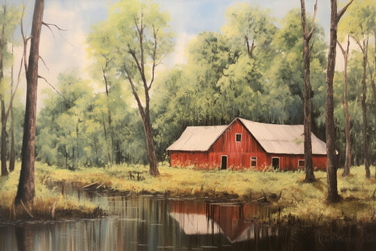 Silent Retreat: A Barn in the Woods, Captured in an Oil Painting on Paper