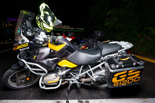Night flash photo of a BMW r1200 GS Motorcycle with side cases